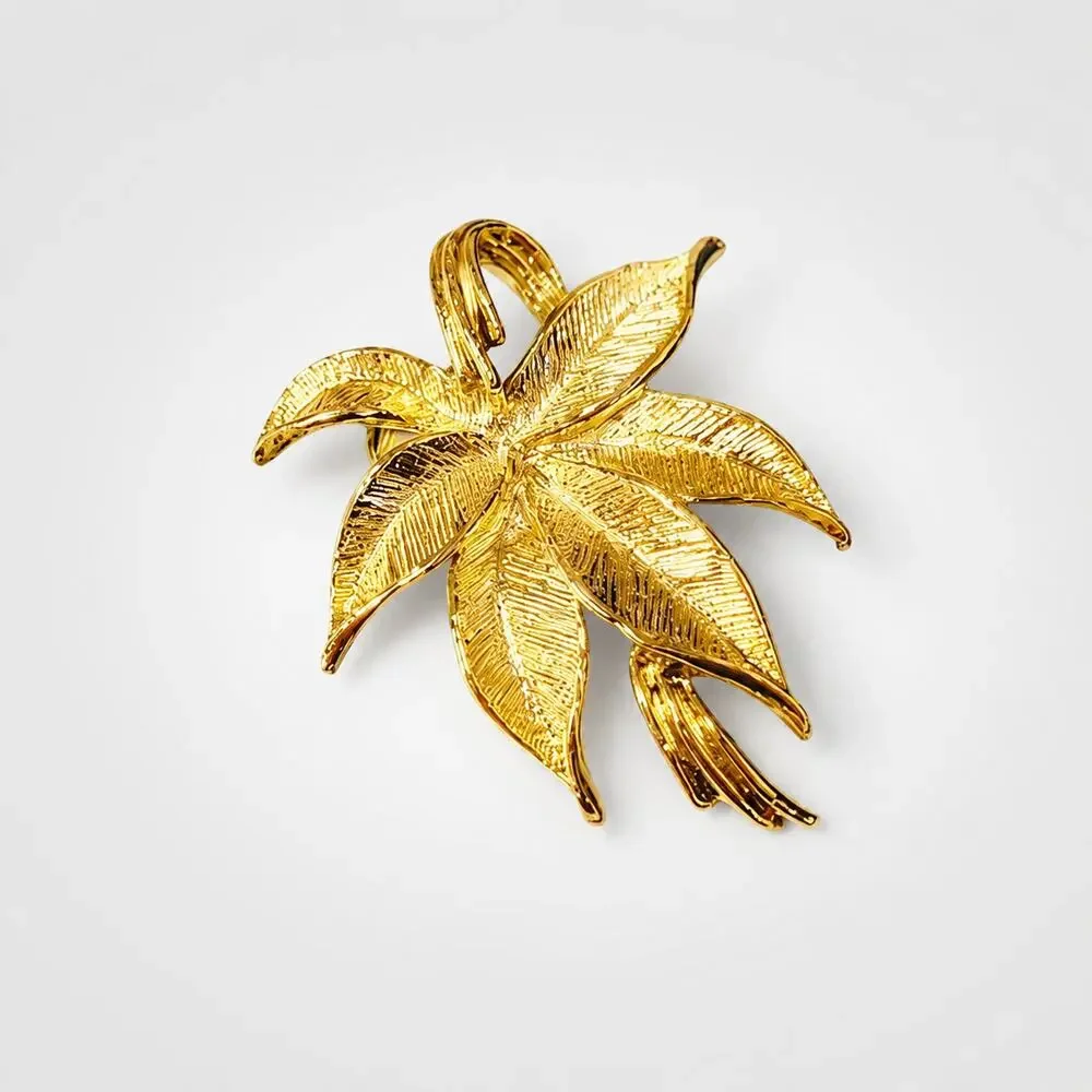 Vintage Signed Gerrys Gold-Tone‎ Large Leaf Brooch Pin Shiny Textured 2
